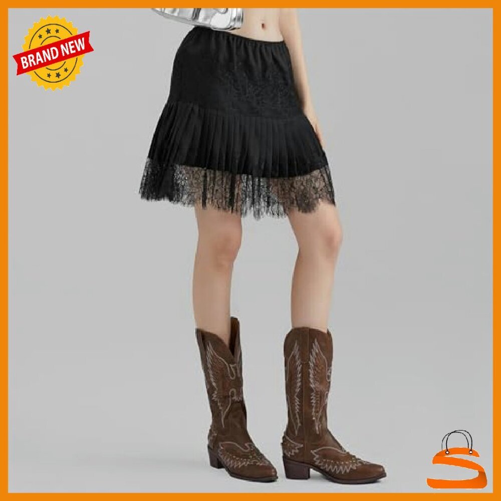 Lace Mini Skirt Low Rise Ruffle Pleated Layered Flowy Short - Picture 6 of 8